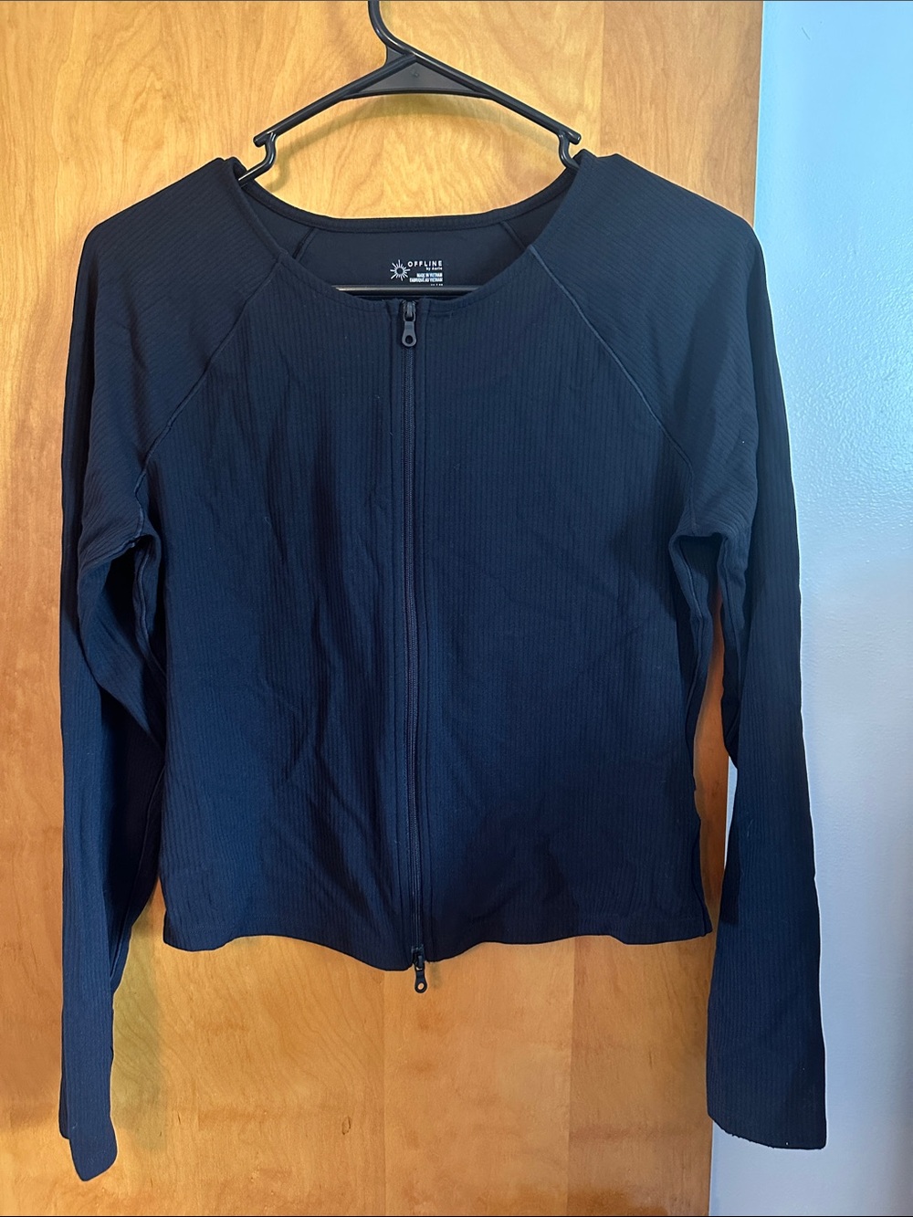 Aerie Black Ribbed Zip-Front Long Sleeve Top - Women Like New